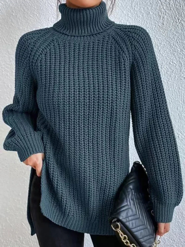 Women Winter Turtleneck Loose Sweater Elegant Drop Sleeve Side Split Pullover Vintage Harajuku Chic Jumpers Oversized knit Tops Gray-blue