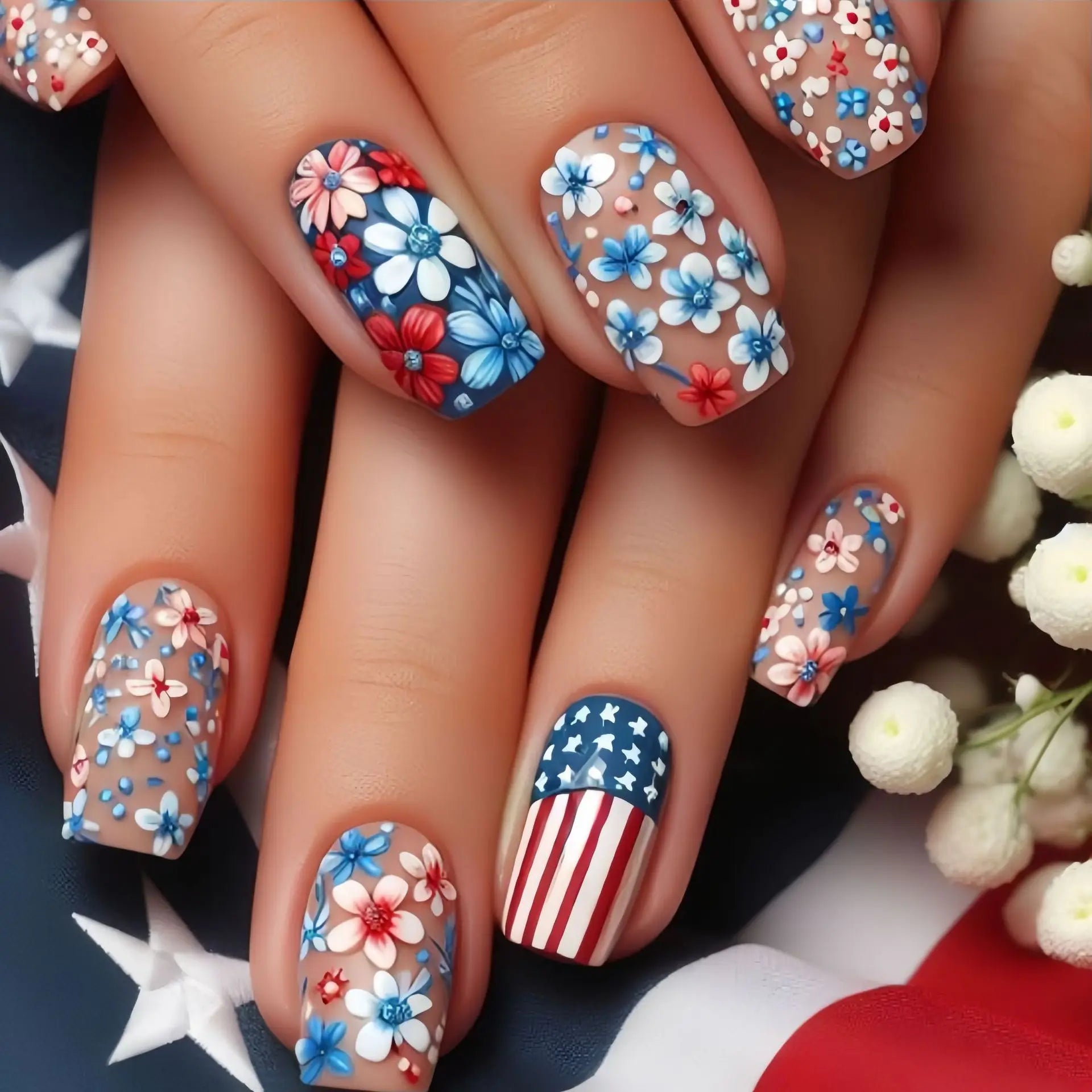 24pcs/set Short Medium square ballet fake nails tip for American Independence Day blue red flowers star flag press on false nail 2090