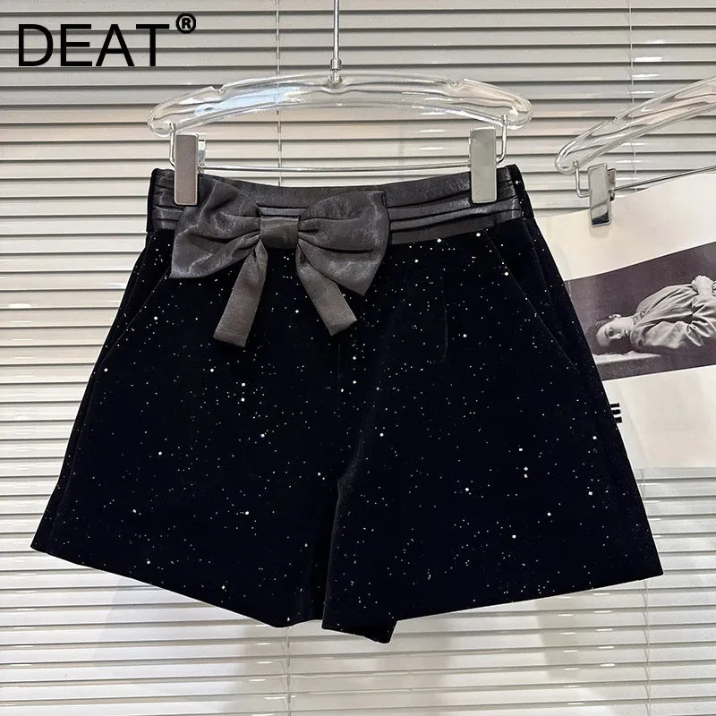 Winter New Fashion Three-Dimensional Bow Patchwork Velvet Shorts For Women Wide-leg Boot Short Pants Female 11A07475