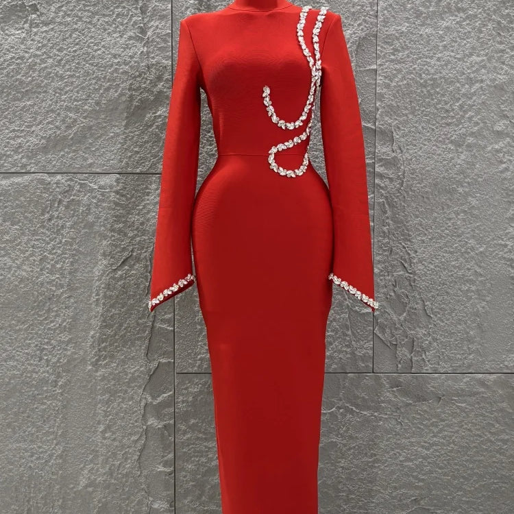 Black Red Women Long Sleeve Shinning Crystal Bodycon Long Bandage Dress Elegant Evening Party Cocktail Outfit Vestido Red