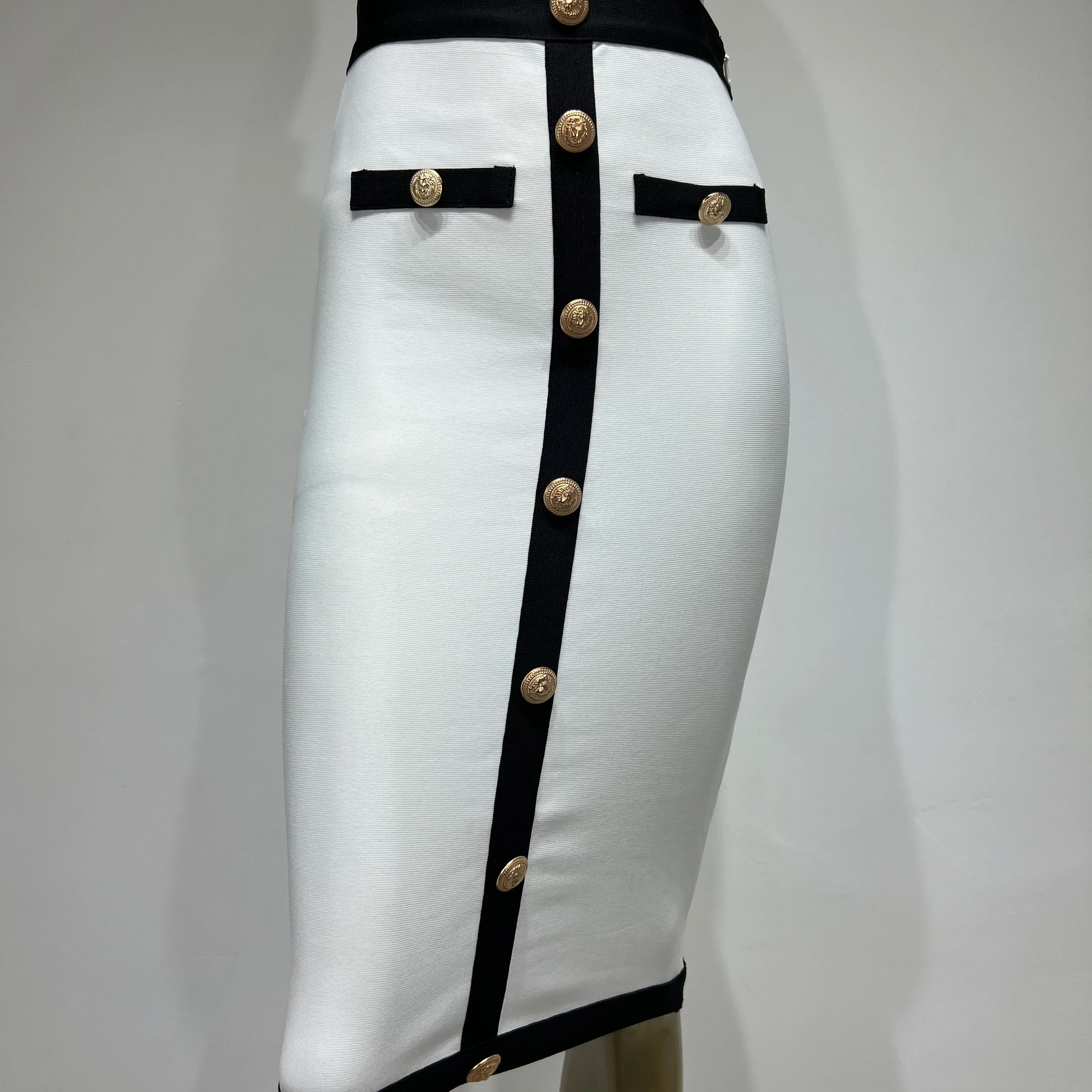 Newest Women Button Patchwork White Black Bodycon Bandage Skirt 2023 Designer High Waist Party Club Pencil Skirt 60cm