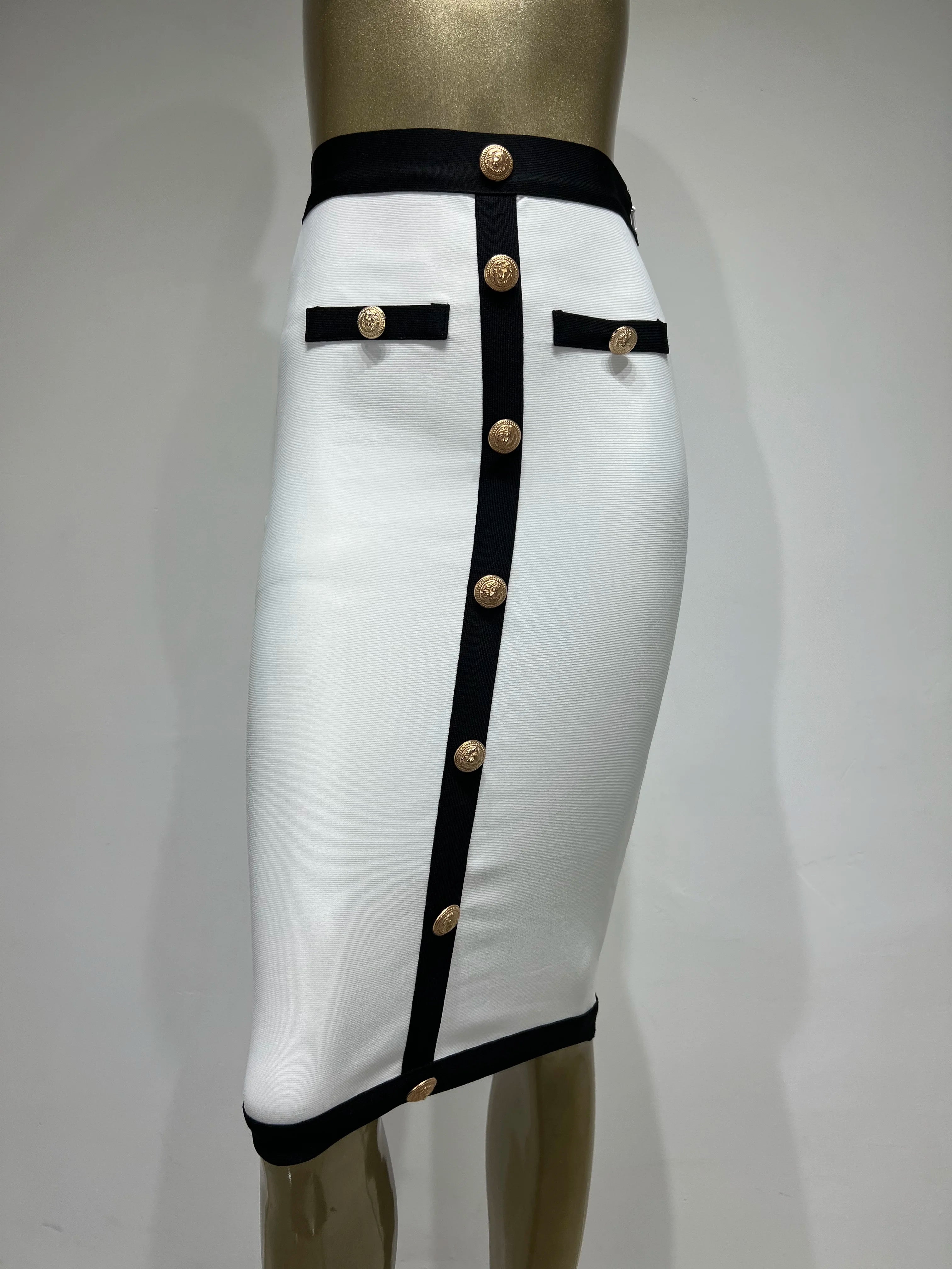 Newest Women Button Patchwork White Black Bodycon Bandage Skirt 2023 Designer High Waist Party Club Pencil Skirt 60cm