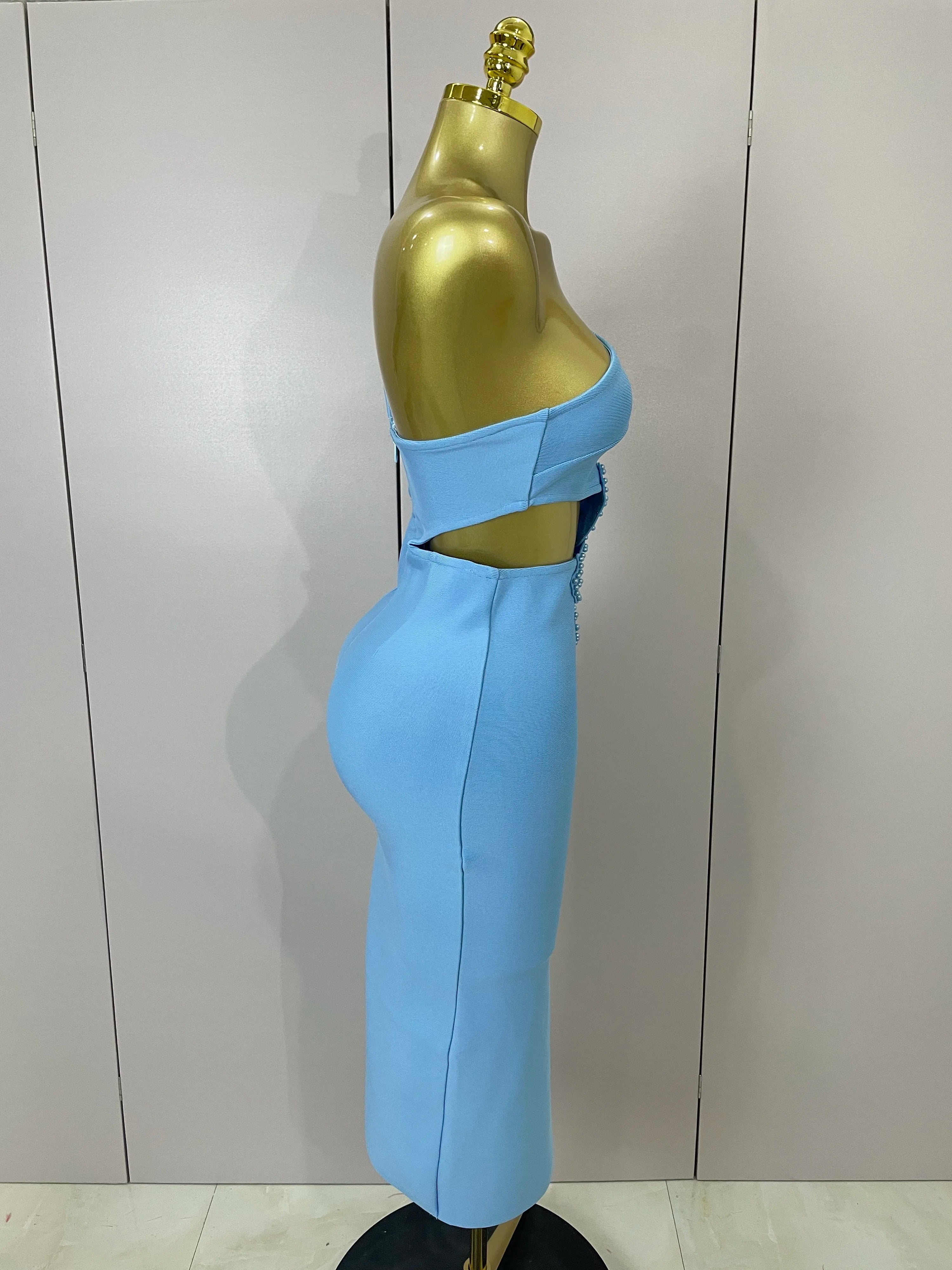 Luxury Sexy One Shoulder Pearl Sky Blue Bodycon Bandage Dress 2025 Women Celebrity Elegant Evening Club Birthday Party Outfit