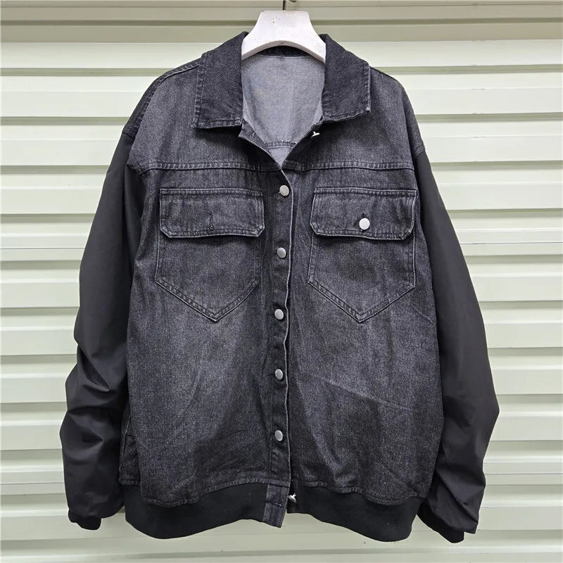 Autumn Winter New Fashion Denim Patchwork Contrast Color Pleated Scimitar Sleeve Jacket For Women Loose Coat 11A07724 Black One Size