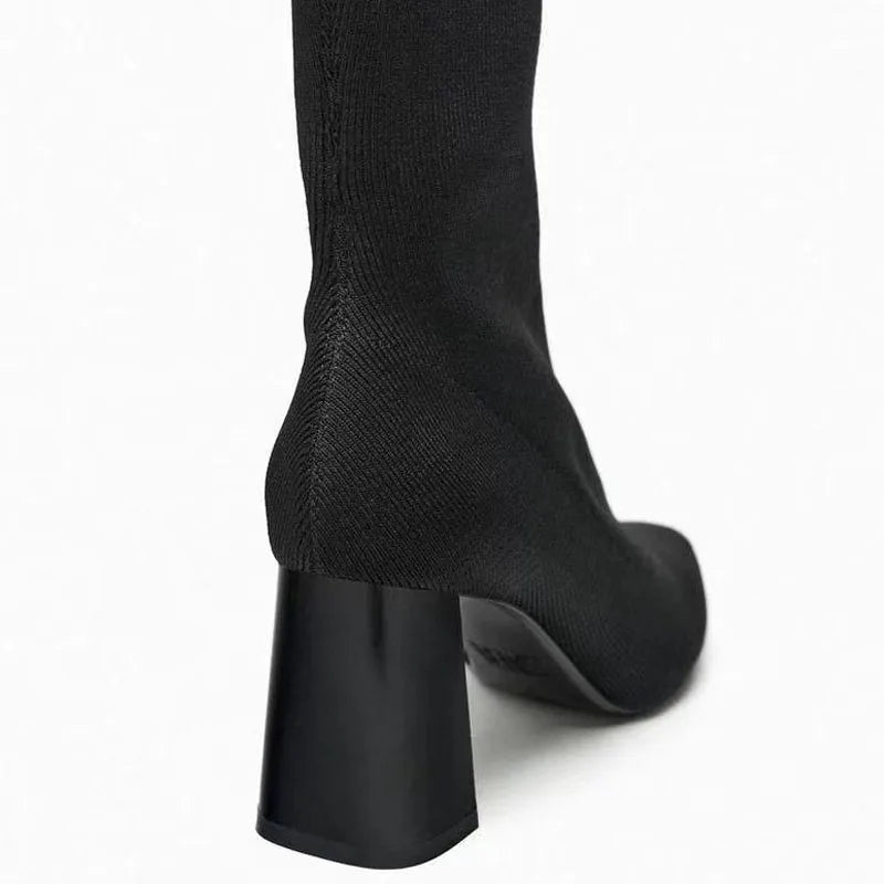 TRAF 2023 Black Boots Women Elast Ankle Boots Woman Autumn Short Boots Woman Heeled Shoes Knit Sexy Pointed Toe High Heels Shoe