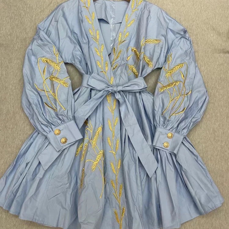 SEQINYY Casual Mini Dress Summer Spring New Fashion Design Women Runway Embroidery Flower Shirt Fabric Holiday Blue