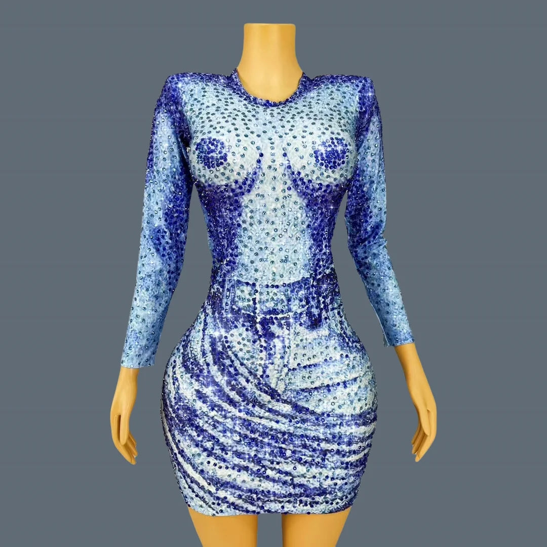 Fashion Sparkly Blue Rhinestones Long Sleeve Mini Dress Club Hot Girls Birthday Party Performance Show Skinny Dress Lanniuzai as shown