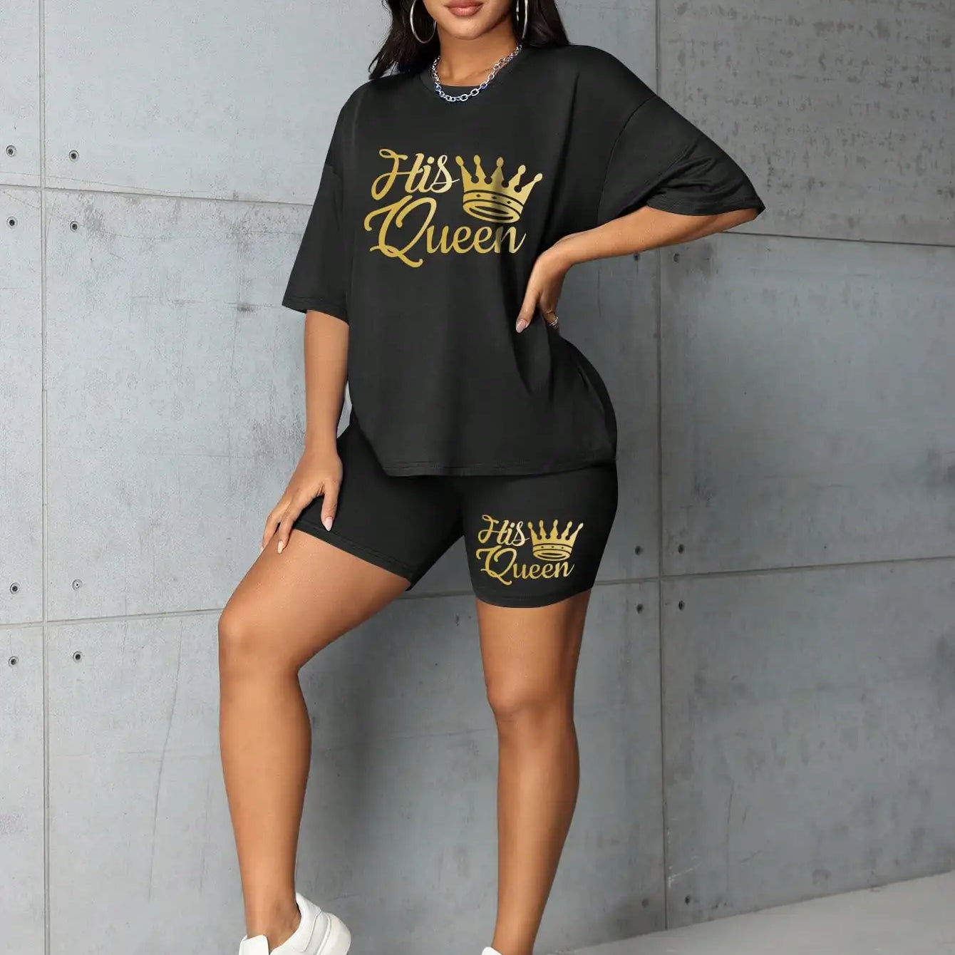 Plus size Women summer clothing Queen printed loose round neck casual black short sleeved T-shirt shorts two-piece set