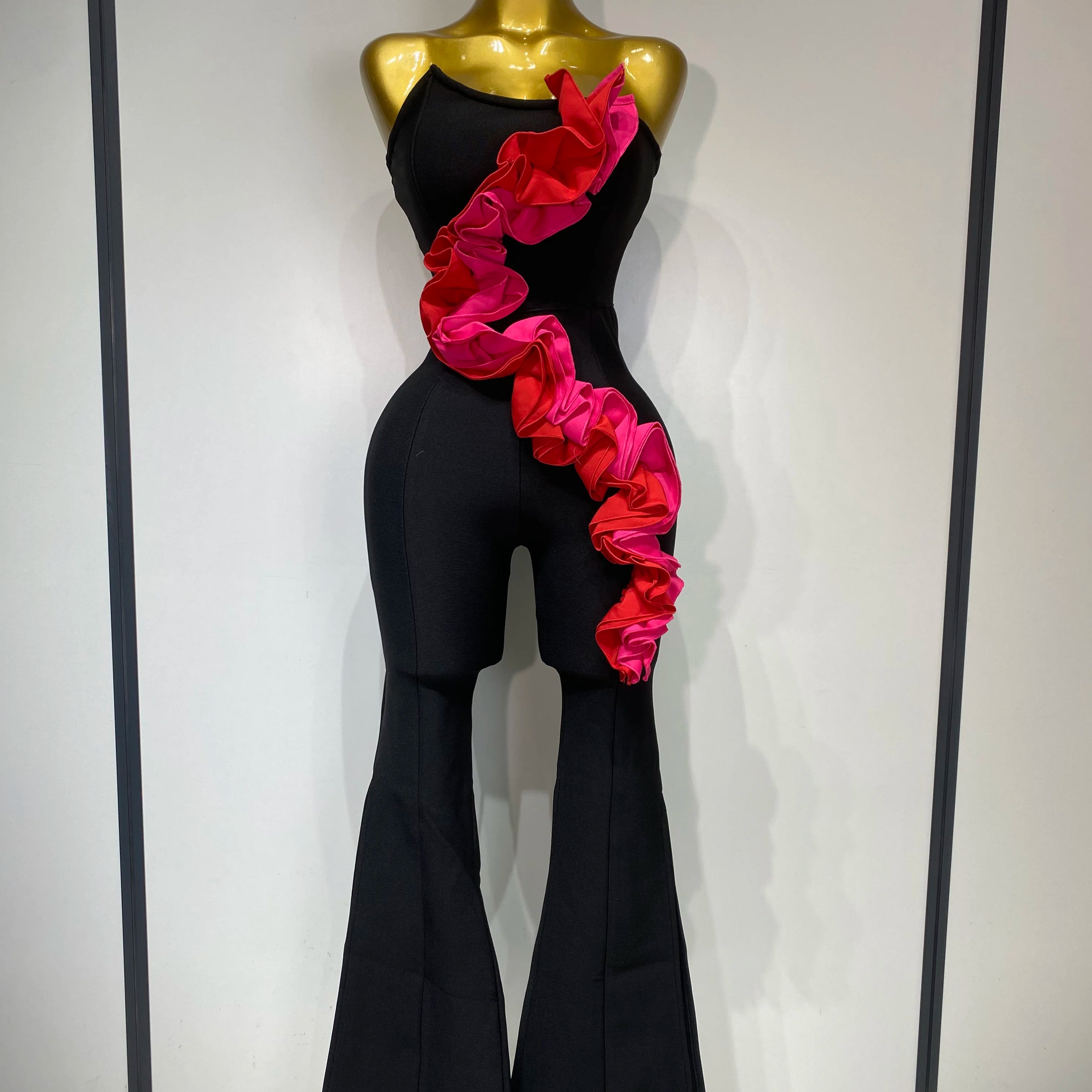 Sexy Strapless Ruffle Black Bodycom Bandage Jumpsuit Fashion High Street Woman Evening Party Elegant Luxury Birthday Rompers black
