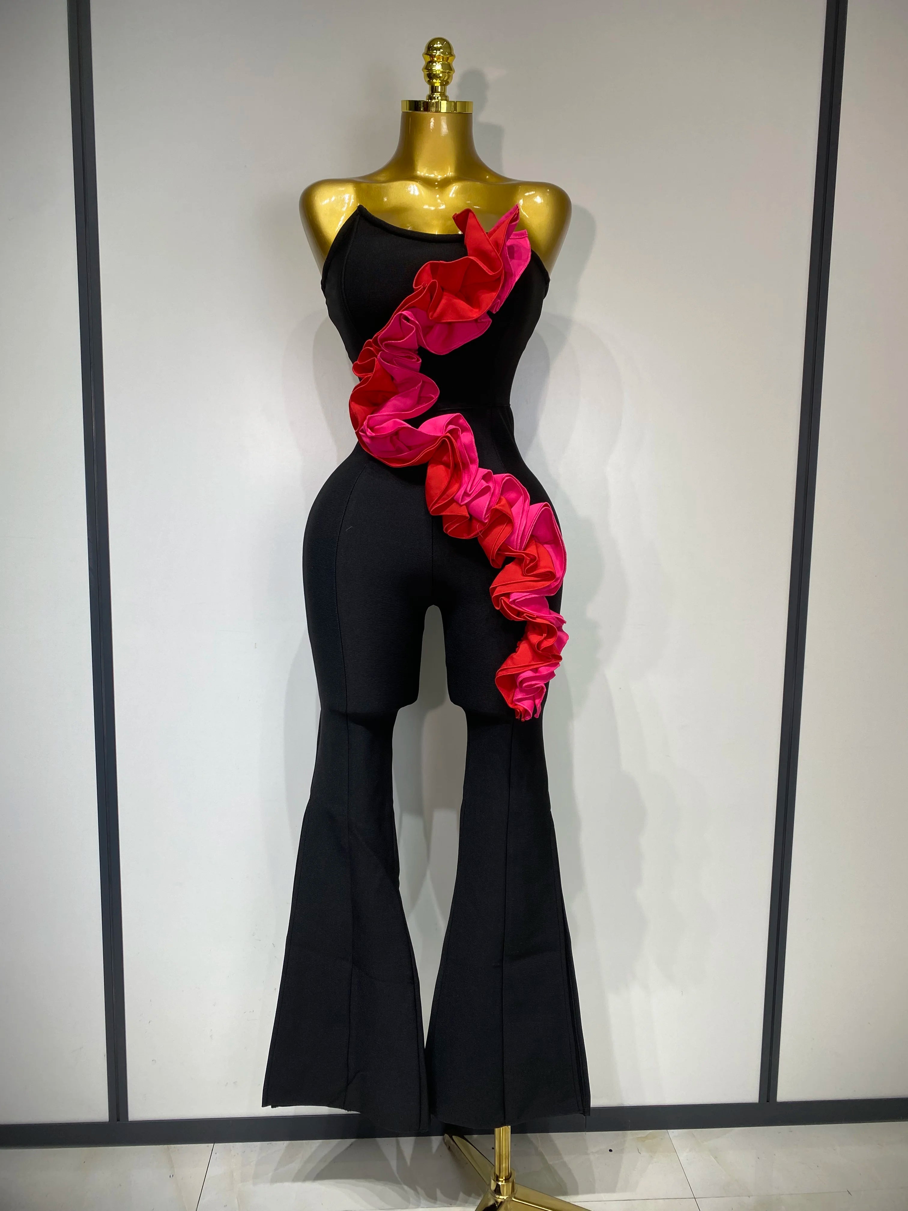 Sexy Strapless Ruffle Black Bodycom Bandage Jumpsuit Fashion High Street Woman Evening Party Elegant Luxury Birthday Rompers black