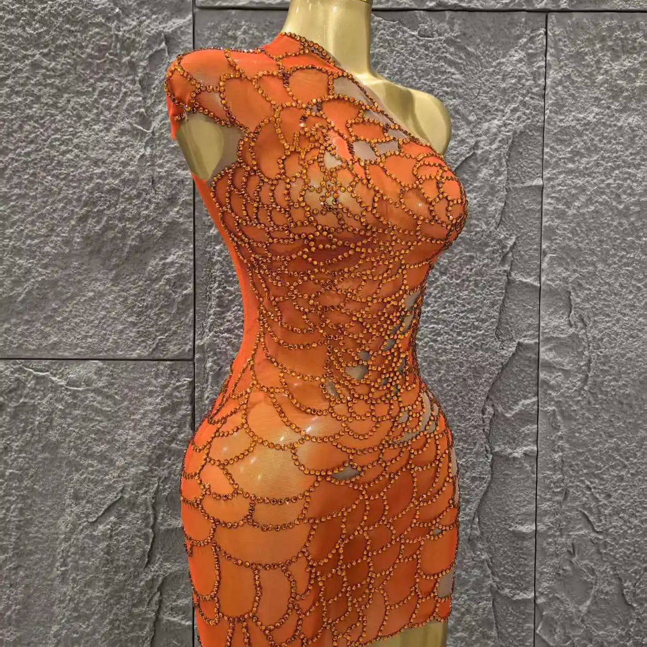 Orange Color Shinning Rhinestones Women Sexy One Shoulder Mesh Bodycon Mini Dress Celebrate Nightclub Party Bar Singer Wear