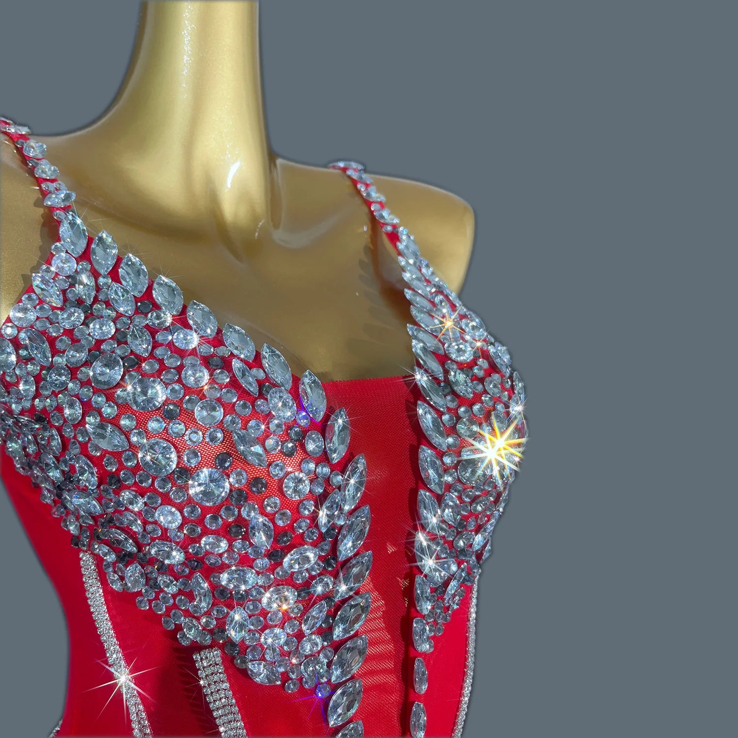 Women Shiny Red Crystal Chain Diamonds Dress Elastic Sexy Mini Night Club Performance Costume Birthday Party Dress Tassel Liehu