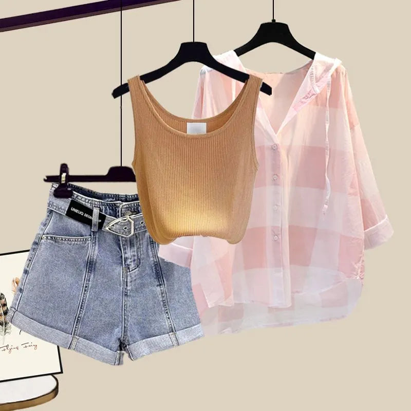 Women's Summer Shorts Suit 2024 New Casual Shirt+Strap+High Waist Jeans Three Piece Korean Elegant Blouse Pants Matching Set Set 06