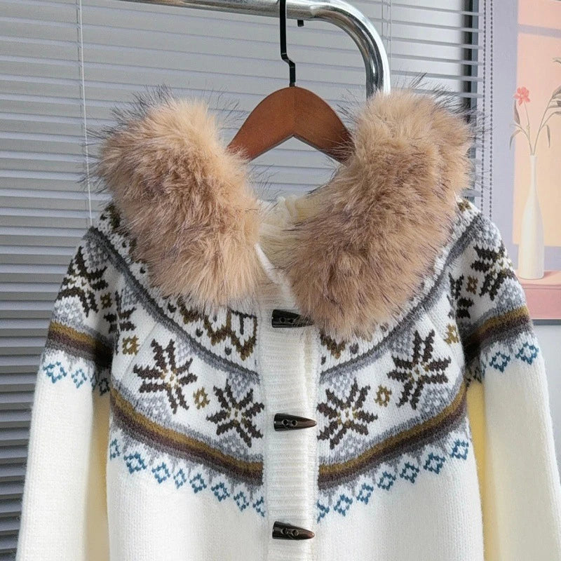 New Autumn Winter Fur Collar Hooded Sweater Coat For Women Loose Contrast Color Knitted Cardigan Female Trend 11A07546