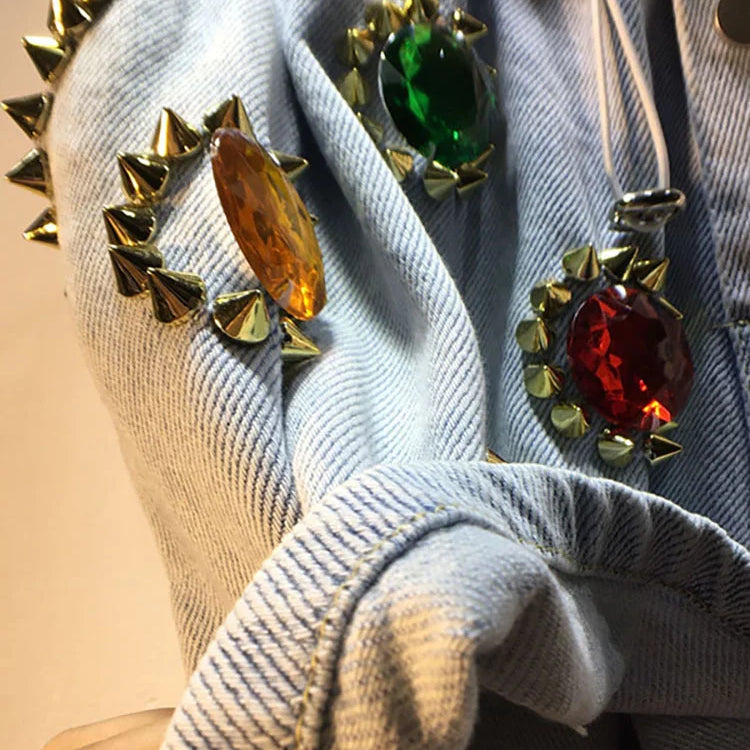 DEAT Women's Denim Shorts Rivet Big Diamonds Drawstring Elastic Waist Loose Wide Leg Short Jeans Summer New Fashion 29L1056