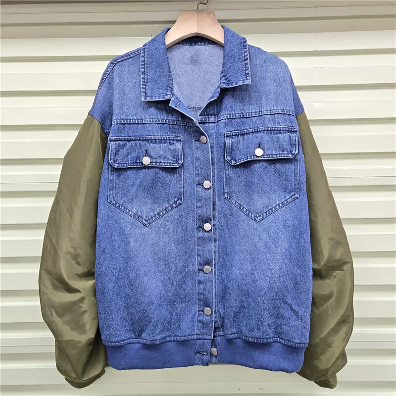 Autumn Winter New Fashion Denim Patchwork Contrast Color Pleated Scimitar Sleeve Jacket For Women Loose Coat 11A07724 Blue One Size