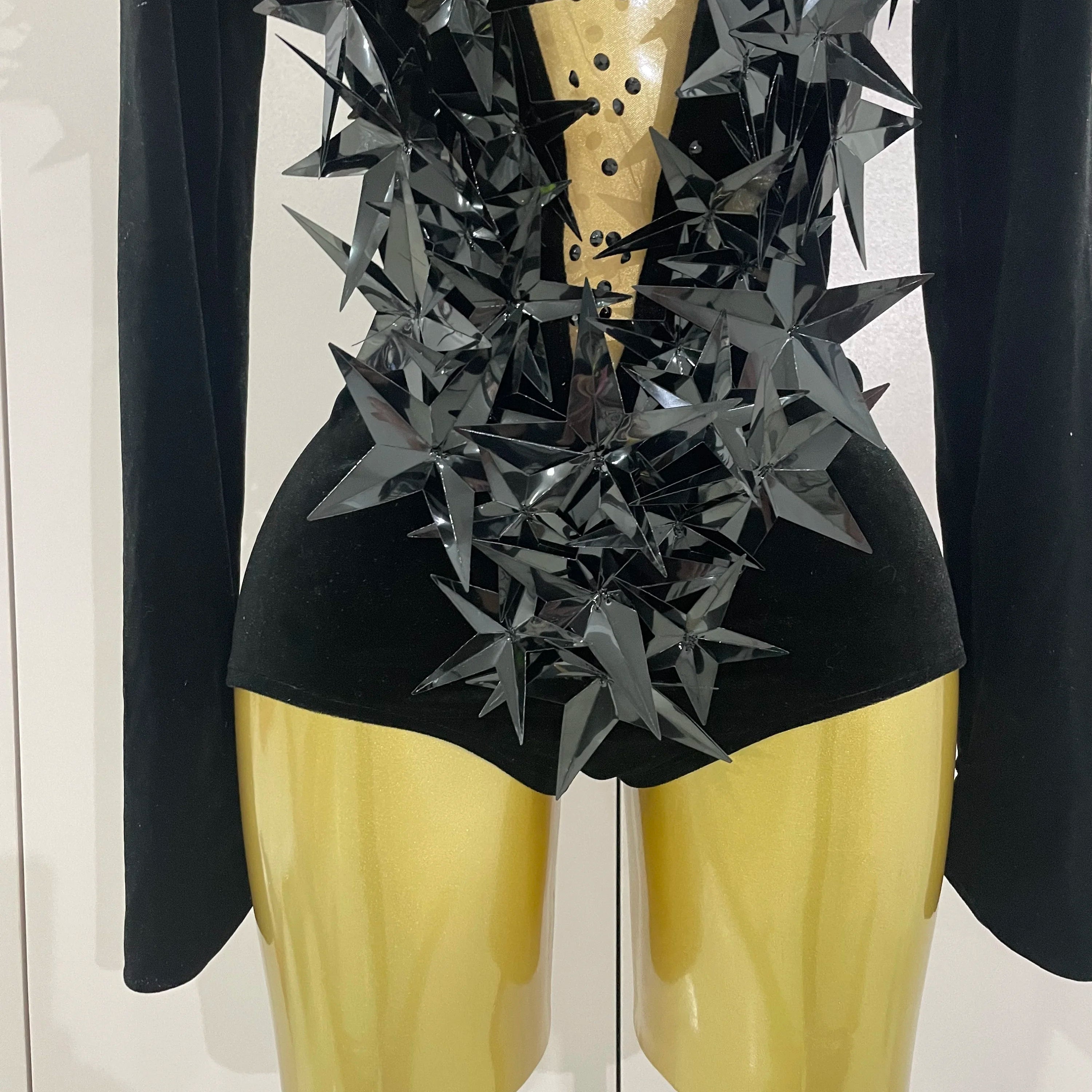 2025 New Shiny Black Rhinestone Velvet Long Sleeve Bodysuit Women Evening Party Club Gala Hosts NightClub Bar Stage Costumes