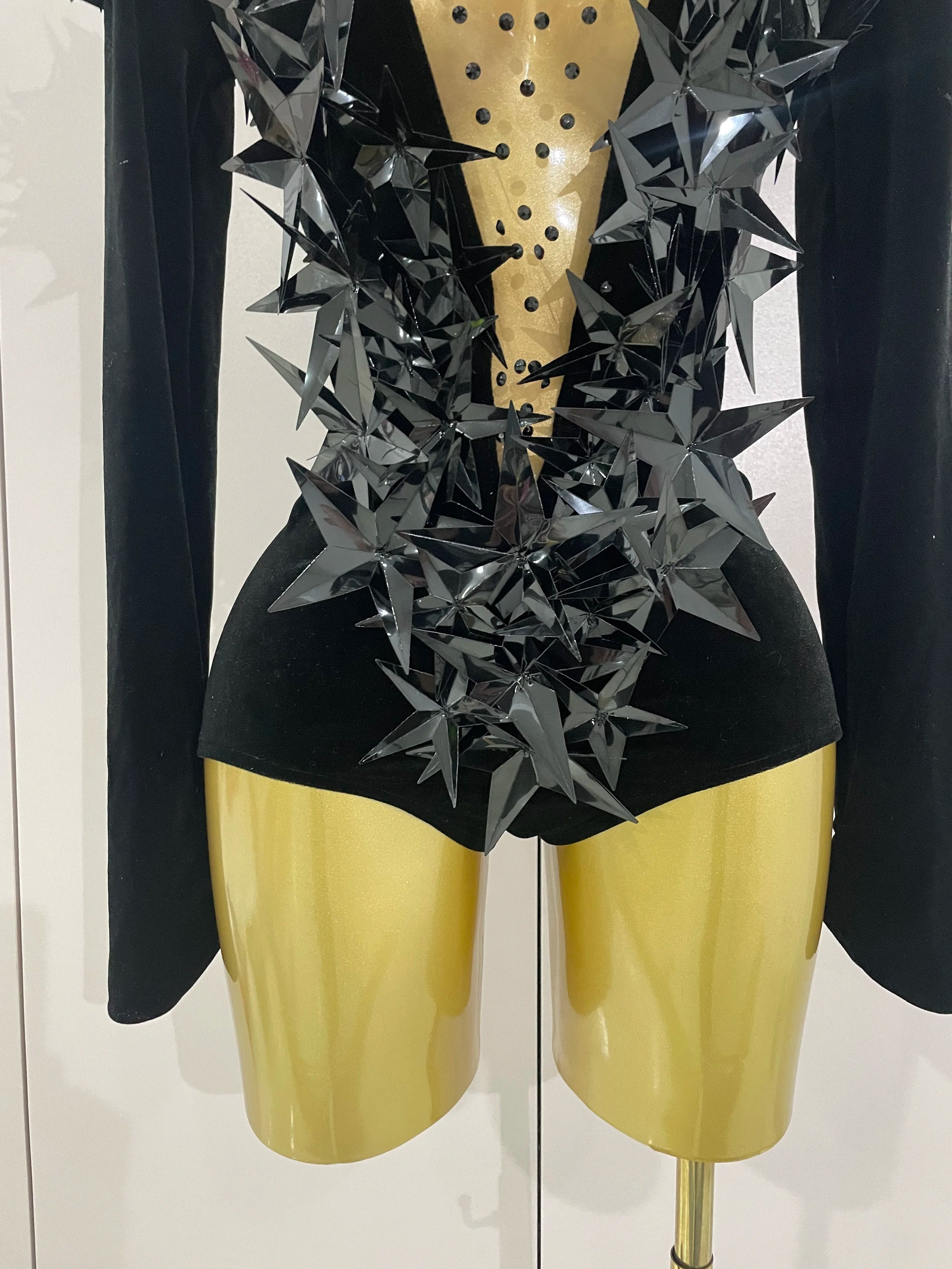 2025 New Shiny Black Rhinestone Velvet Long Sleeve Bodysuit Women Evening Party Club Gala Hosts NightClub Bar Stage Costumes