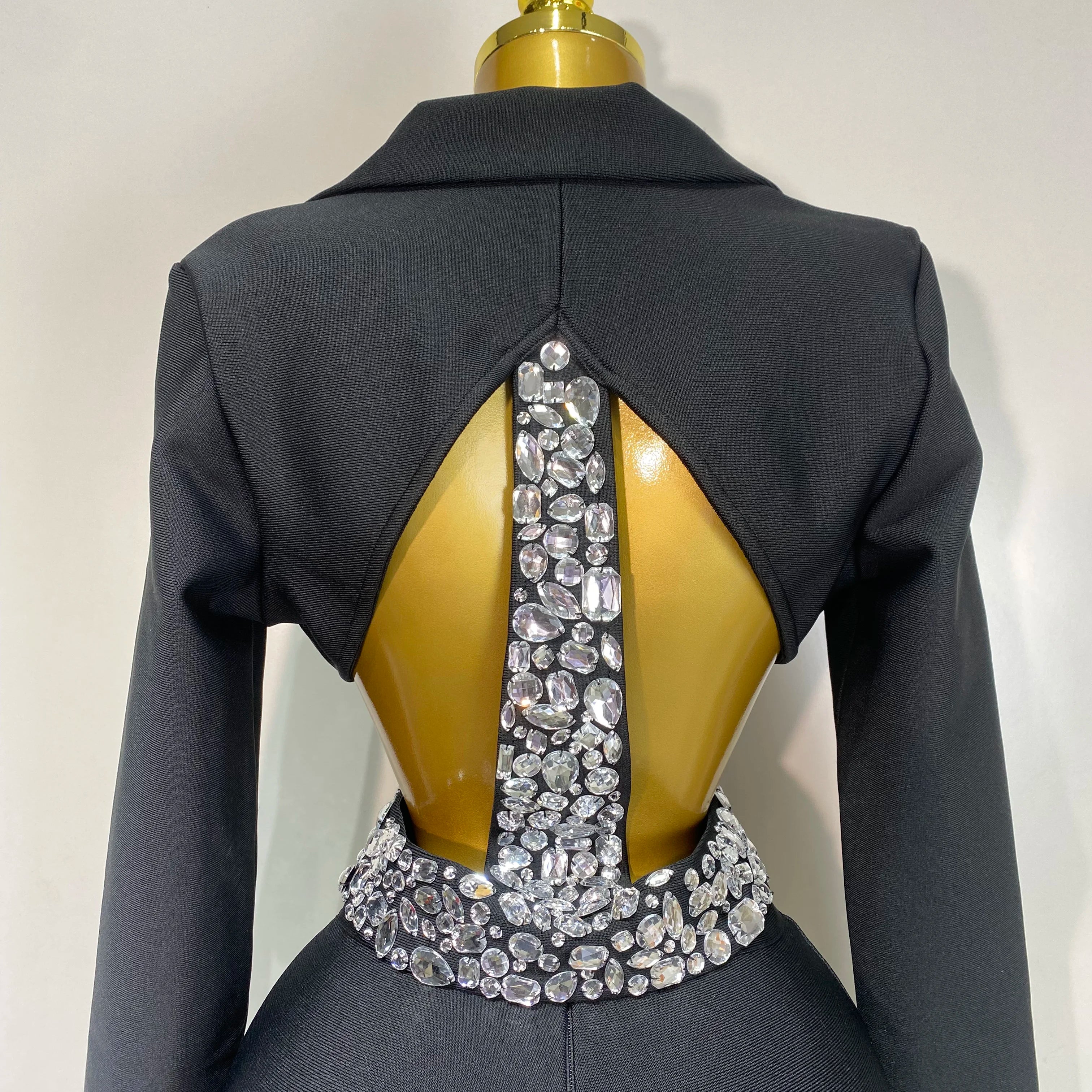 Women Sexy Cut Out Long Sleeve Beading Bodycon Two Pieces Pants Bandage Set Celebrity Designer Fashion Women Luxury Birthday Set