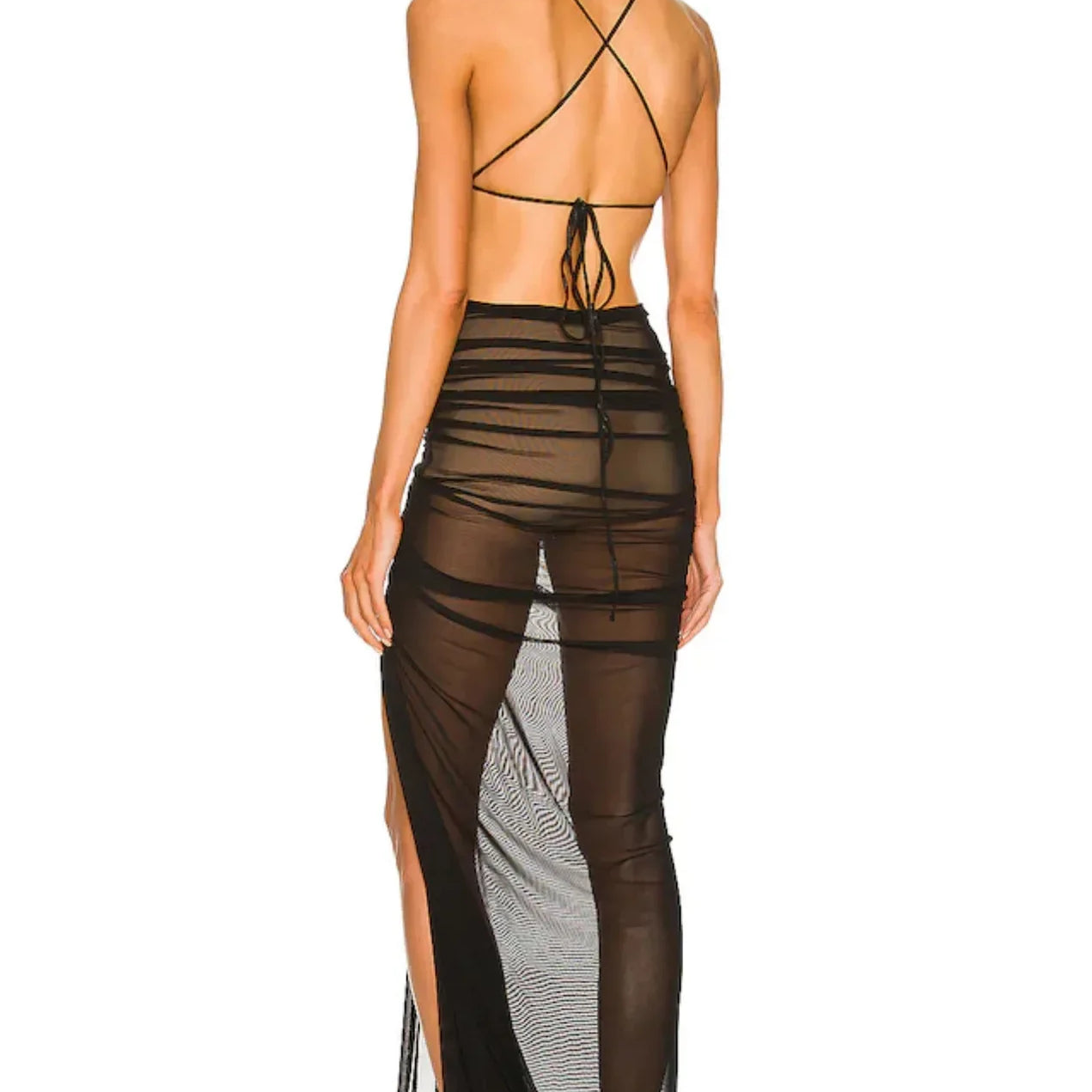Women Summer Sundress Bikini Mesh Cover Up Maxi Black Dress Blackless Cross Back Strap