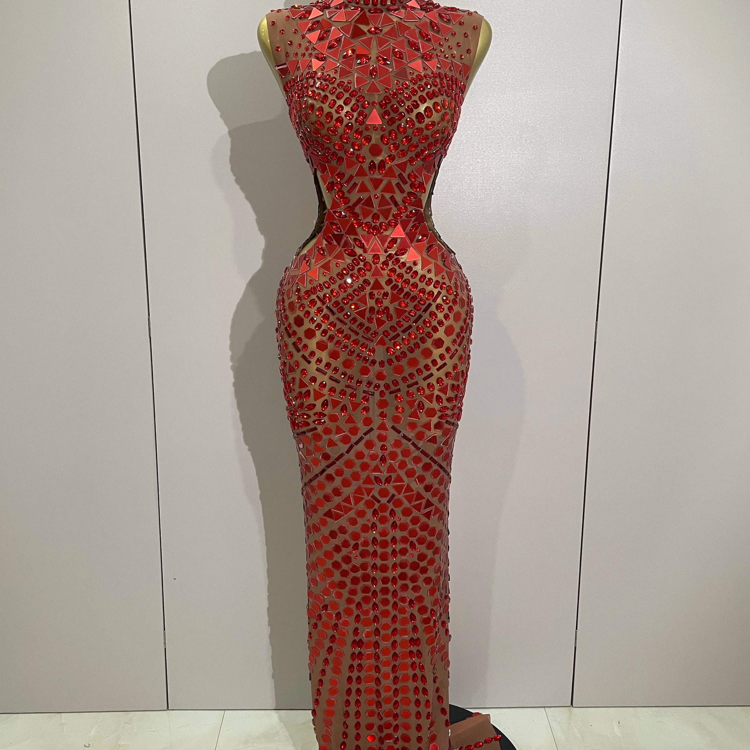 Luxury Shiny Mirror Rhinestones Hollowed-out Long Dress 2025Women Celebrity Evening Party Catwalk Prom Stage Photo Shoot Dresses Red