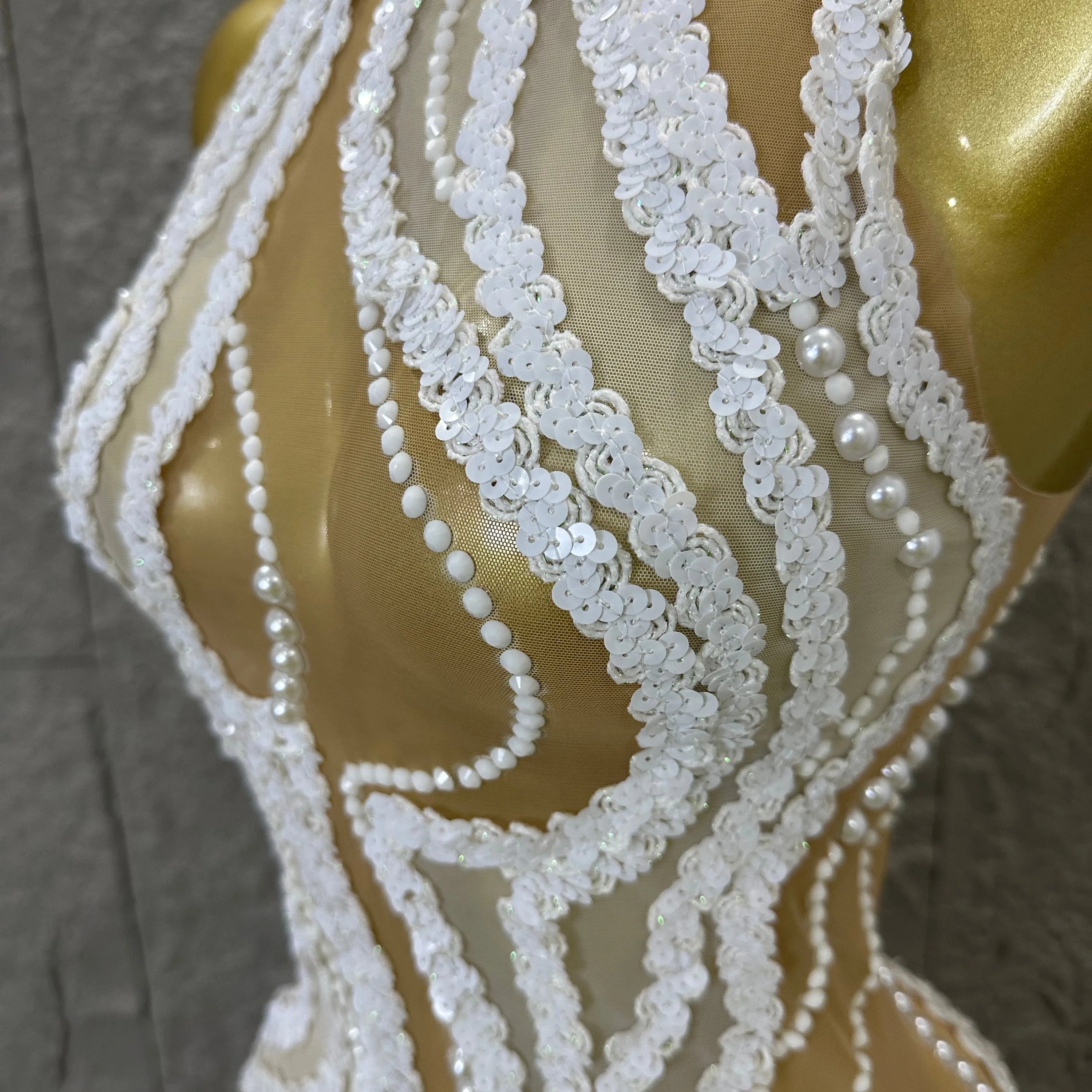 Sequined White Sheer Mesh Maxi Dress Women Sexy High Neck Pearl Lace Bodycon Cocktail Nightclub Evening Gala Party Costume