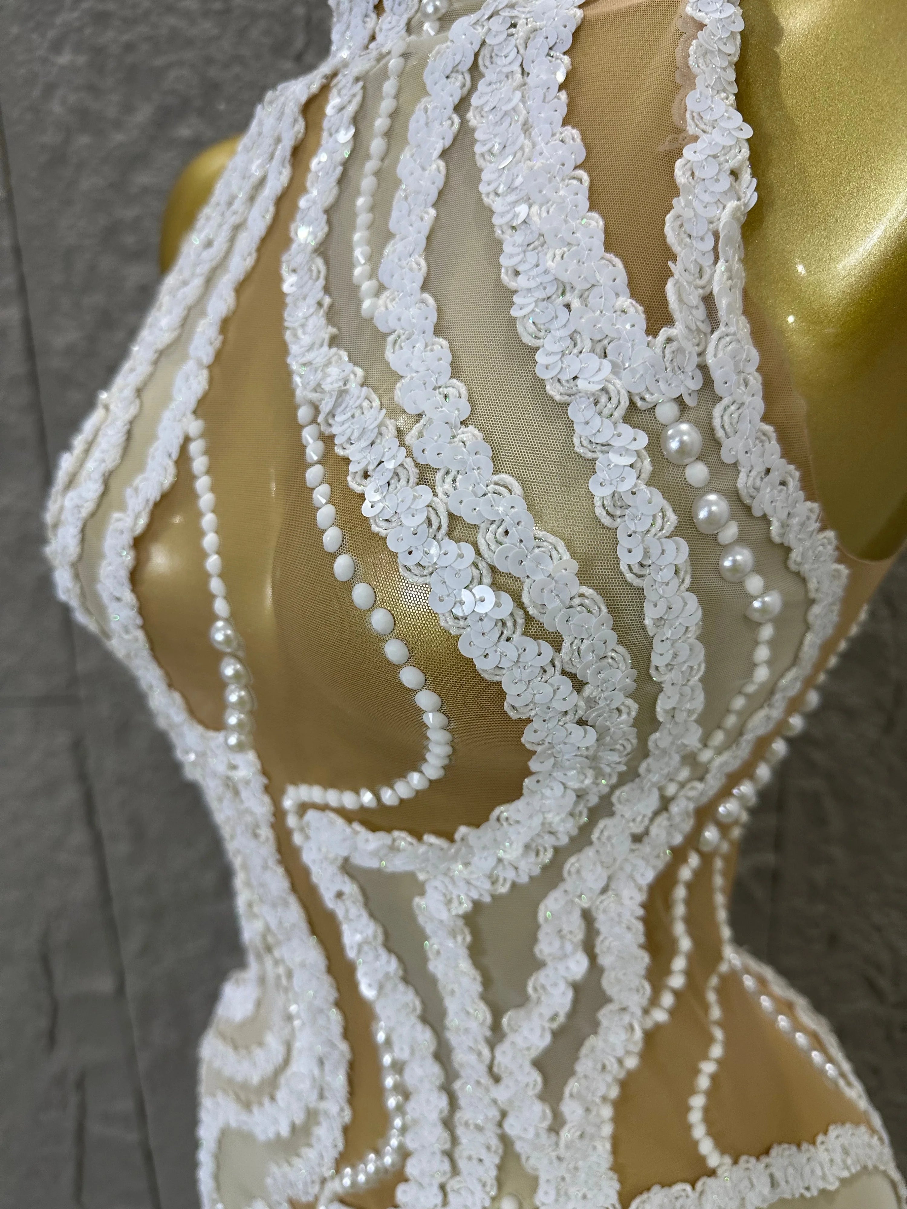 Sequined White Sheer Mesh Maxi Dress Women Sexy High Neck Pearl Lace Bodycon Cocktail Nightclub Evening Gala Party Costume