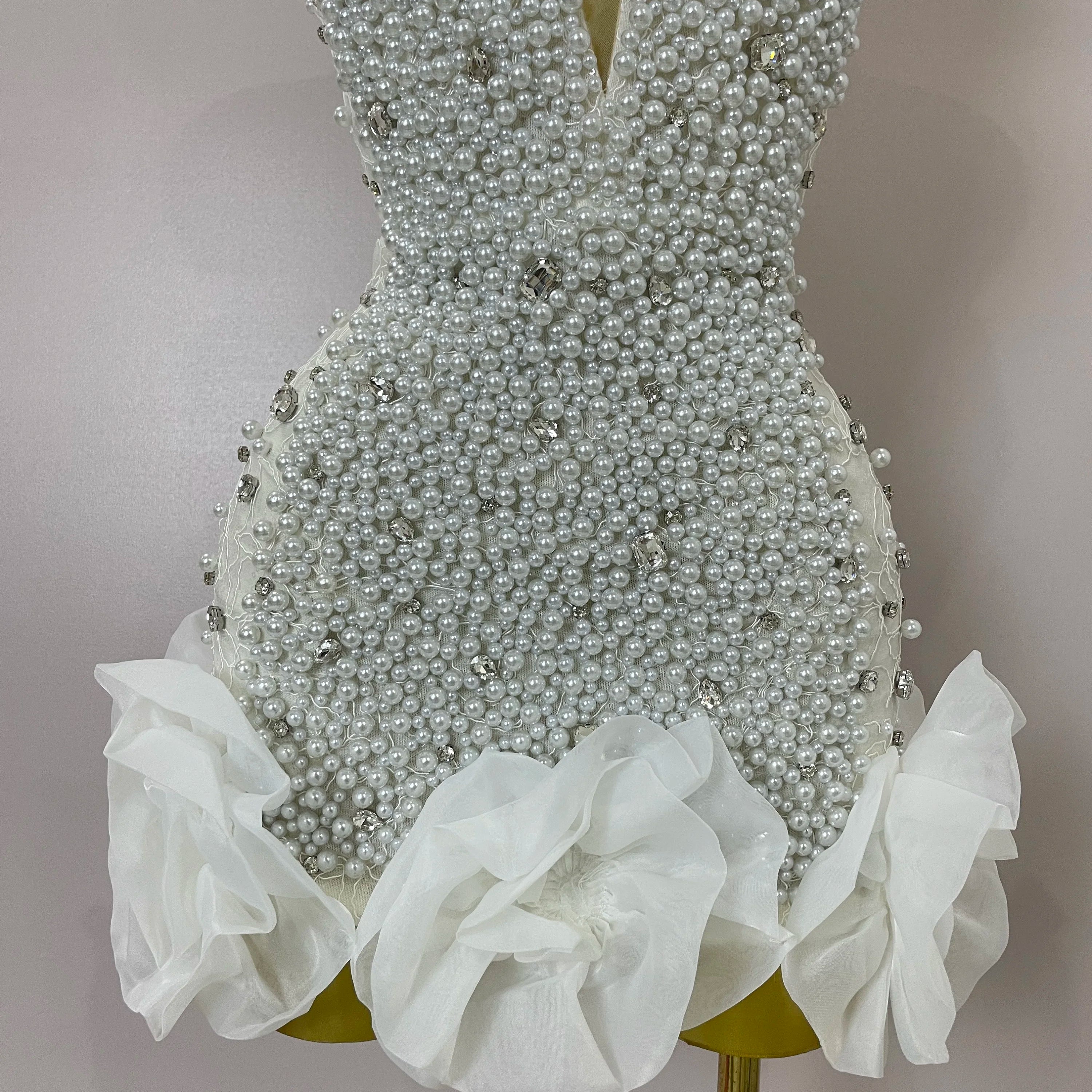 Luxury Shiny Diamonds Pearl Flowers Deep V Halter Short Dress Women Celebrate Eveing Celebrity Birthday Party Dress