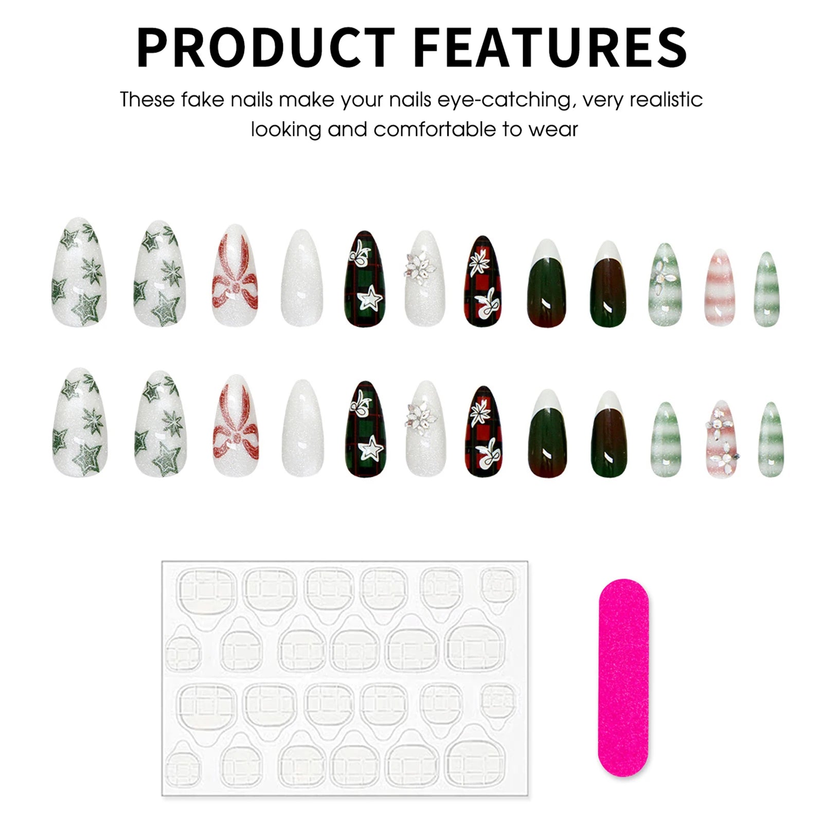 Christmas Almond Press On Nails, 24Pcs Full Cover Fake Nails Bowknot/Star/Snowflake Printed Wearable False Nails Diamond Decor