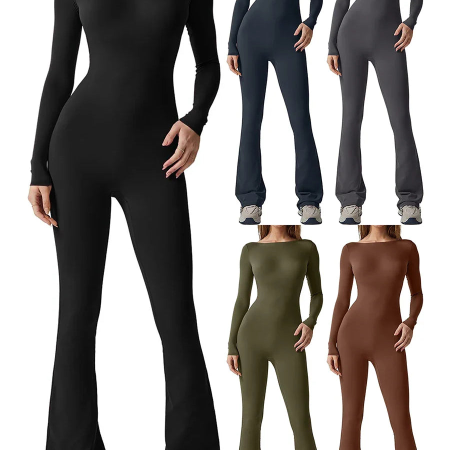 Women s Sexy Tight Backless Long Sleeve Flare Jumpsuits Bodycon Solid Color Bottom Pants Romper Playsuit Streetwear