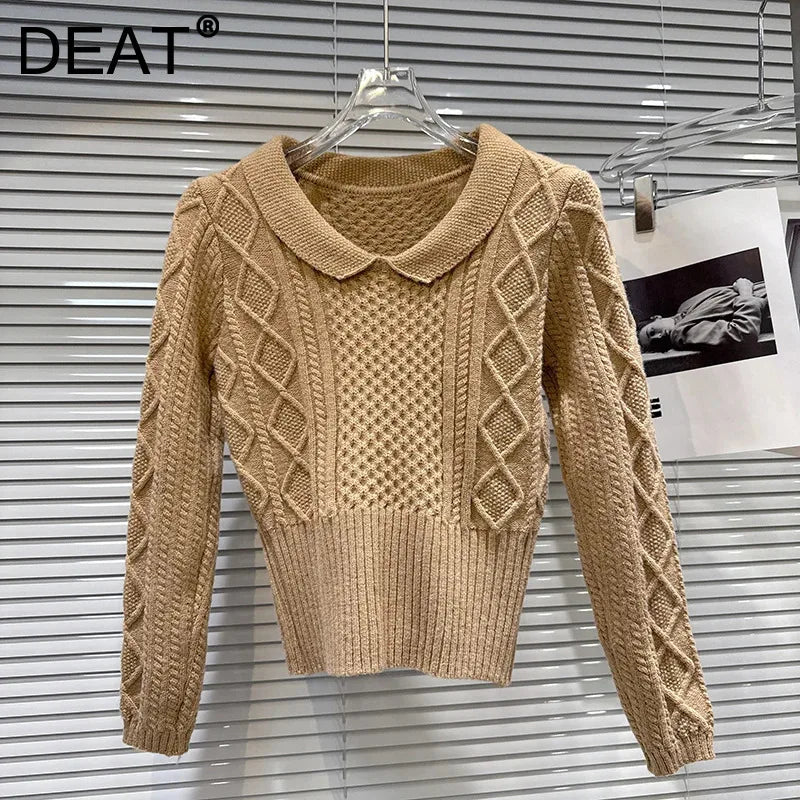 Winter New Fashion Style Lapel Edge Pattern Short Knitted Sweater For Women Solid Color Slim Fit Pullover 11A07925