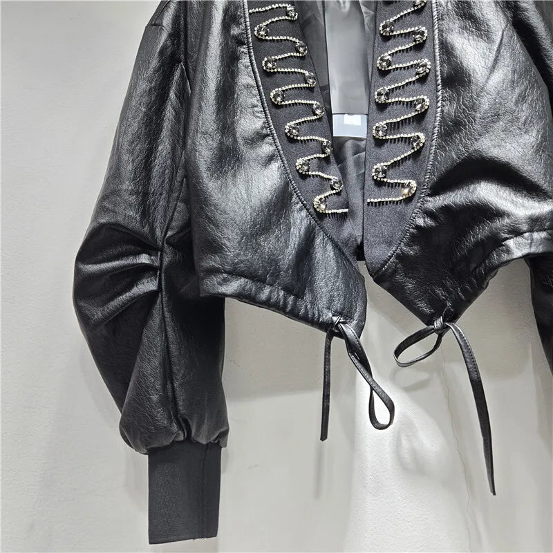 Autumn Winter Fashion V-Neck PU Leather Heavy Beading Design Pleated Coat For Women High Street Jacket Trendy 11A07727