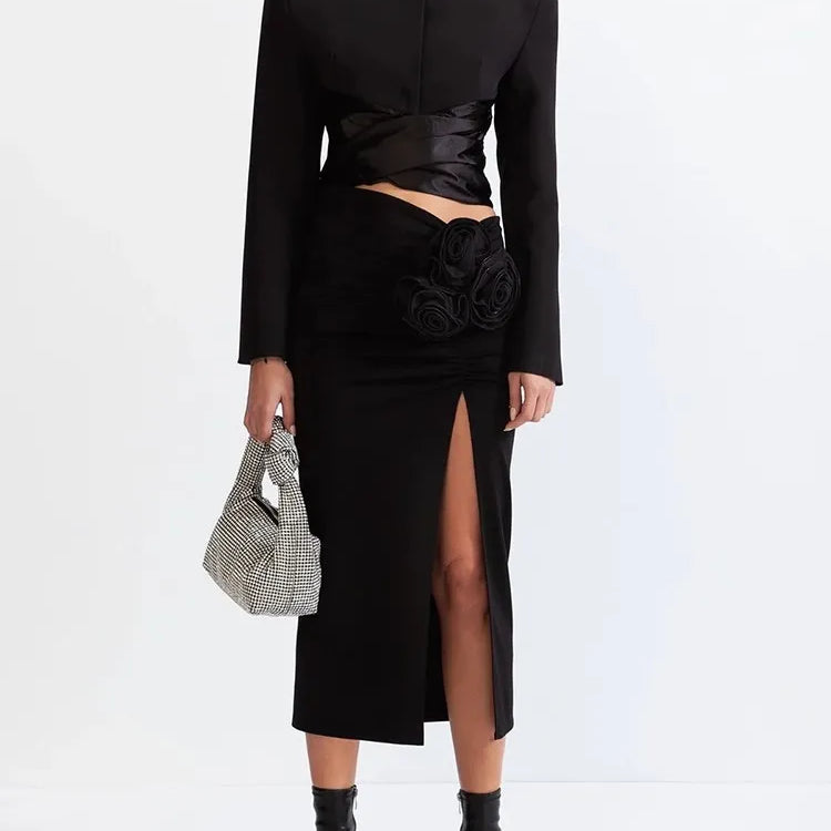 Chic Two Piece Set For Women Round Neck Long Sleeve Top High Waist Spliced Appliques Skirt Elegant Sets Female New