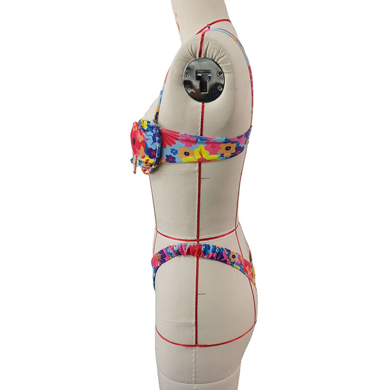 Sexy Bikini Swims Summer Printing Drawstring Backless Lace Up Bathing Suit Swimwear For Female