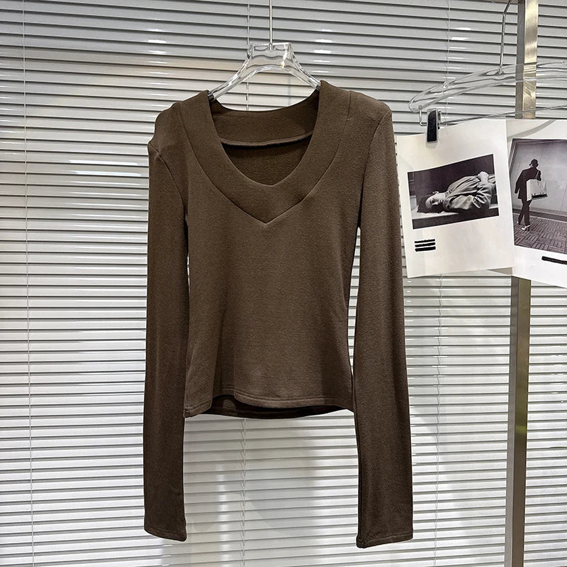 Winter New Fashion V-Neck Simple Design Shoulder Pad Long Sleeve Base T-Shirt For Women Solid Color Top 11A07711 Brown