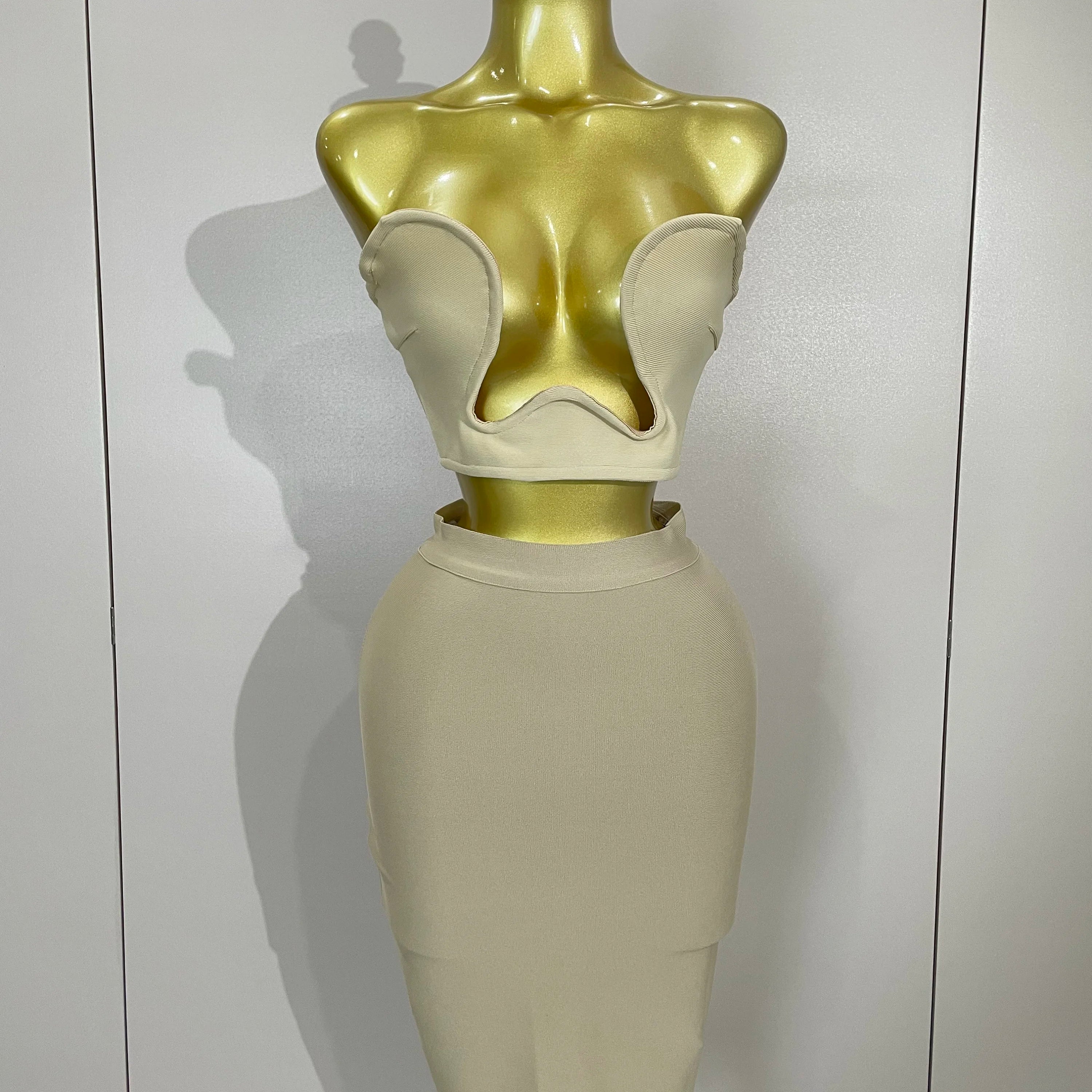 2025 Women Sexy Strapless Backless Black Bandage Two Piece Suit Celebrity Designer Fashion Birthday Gown Evening Prom Costume Khaki