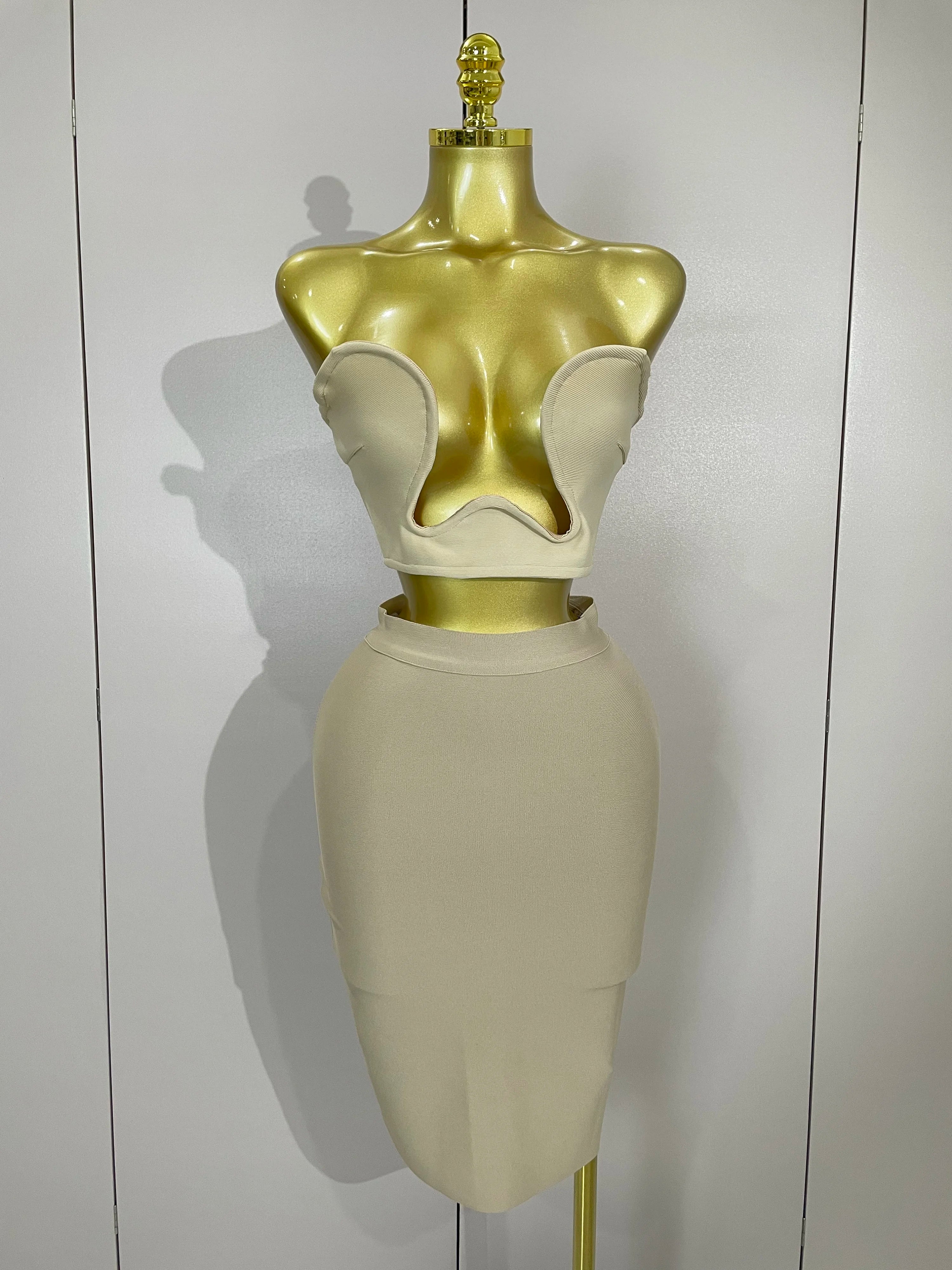 2025 Women Sexy Strapless Backless Black Bandage Two Piece Suit Celebrity Designer Fashion Birthday Gown Evening Prom Costume Khaki