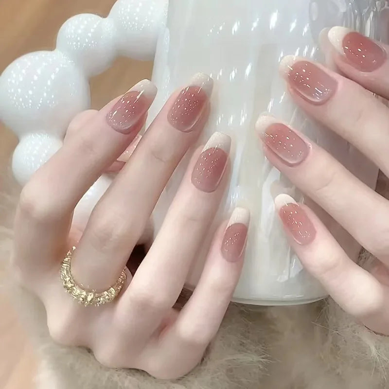 24Pcs False Nails French Gradient Ballet Fake Nails Press on Nails Black Heart Rhinestone Design Glitter Full Cover Nail Tips 41