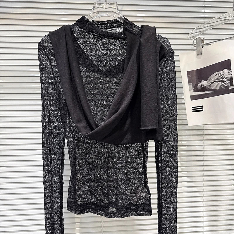 Winter New Niche Ribbon Scarf Design Long Sleeve Lace Shirts For Women Versatile O-neck Tops Female Trendy 11A07938