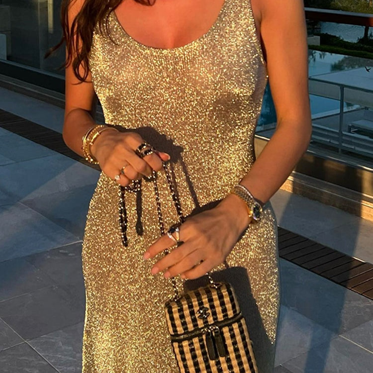 Sexy Bright Silk Fabric Slip Dress - Women Summer Clothes Elegant Spaghetti Straped Back Open Party Maxi Dress Sundress A1622