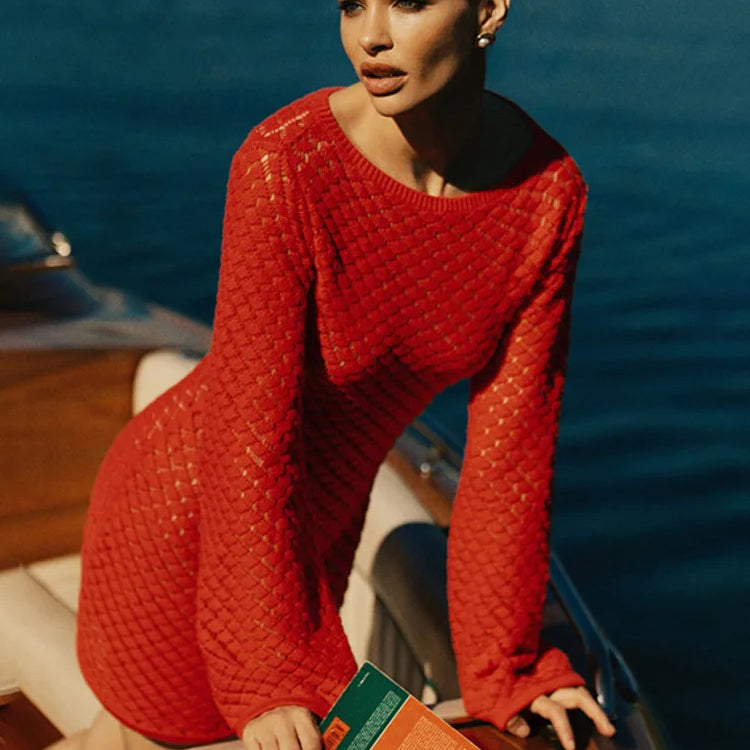 Mozision Backless Long Sleeve Knit Mini Dress For Women Fashion Elegant Spring Summer See Through Beach Holiday Dress Beachwear