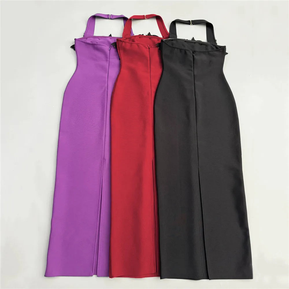 Black Red Women Sexy Halter Off the Shoulder Shinning Diamond Bodycon Long Bandage Dress Evening Party Celebrate Fashion Outfit