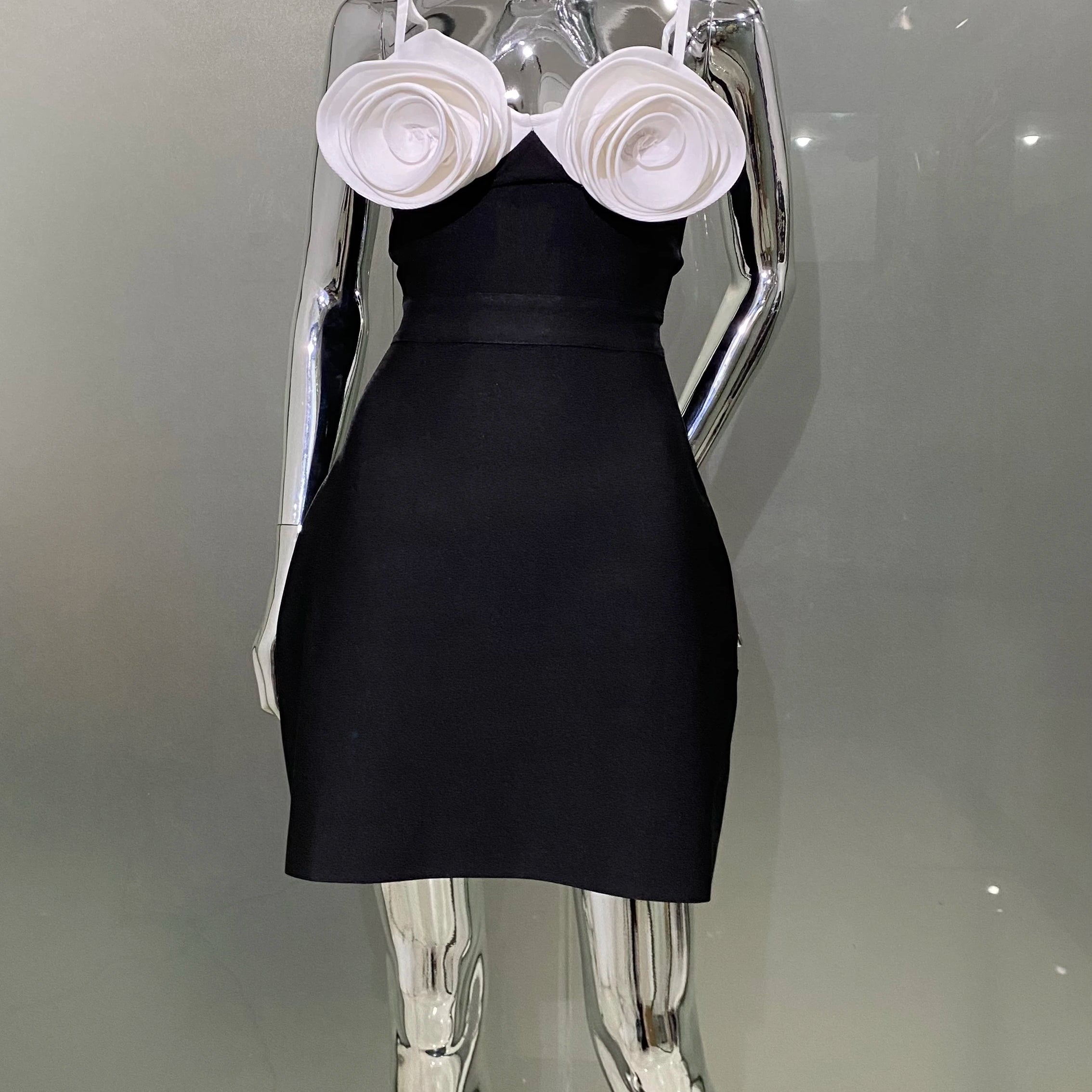 STOCK New Summer Stereoscopic White Flower Spaghetti Strap Balck Mini Bandage Dress Elegant Woman Evening Party Vestido black