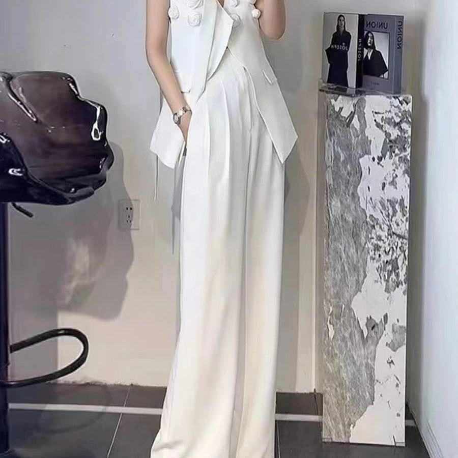 Solid Spliced Applique Two Piece Sets for Women V Neck Sleeveless Patchwork Lace Up Top High Waist Skirt Set Female