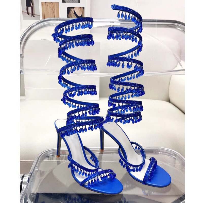 Women's New Rhinestone Sandals Fashion Tassel Crystal Shoes Sexy Nightclub Banquet Party Twining Stiletto Women's Sandals
