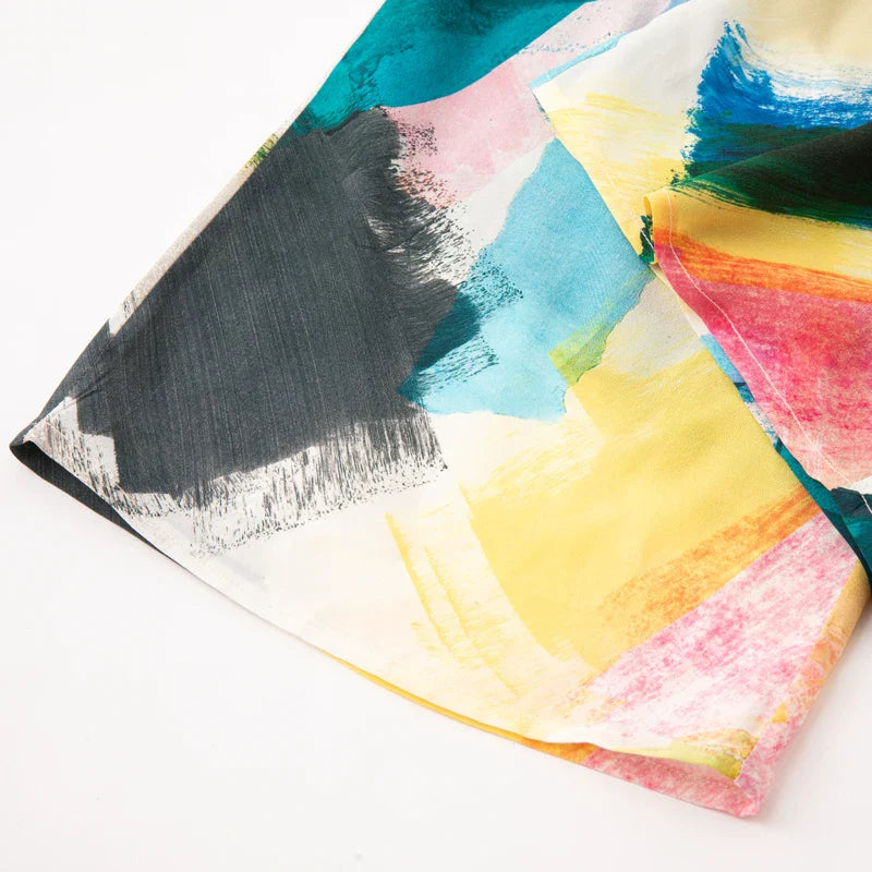 Women's Fashion New 100%Natural Mulberry Silk Elastic Waist Loose Casual Contrasting Color Printed Wide Leg Pants