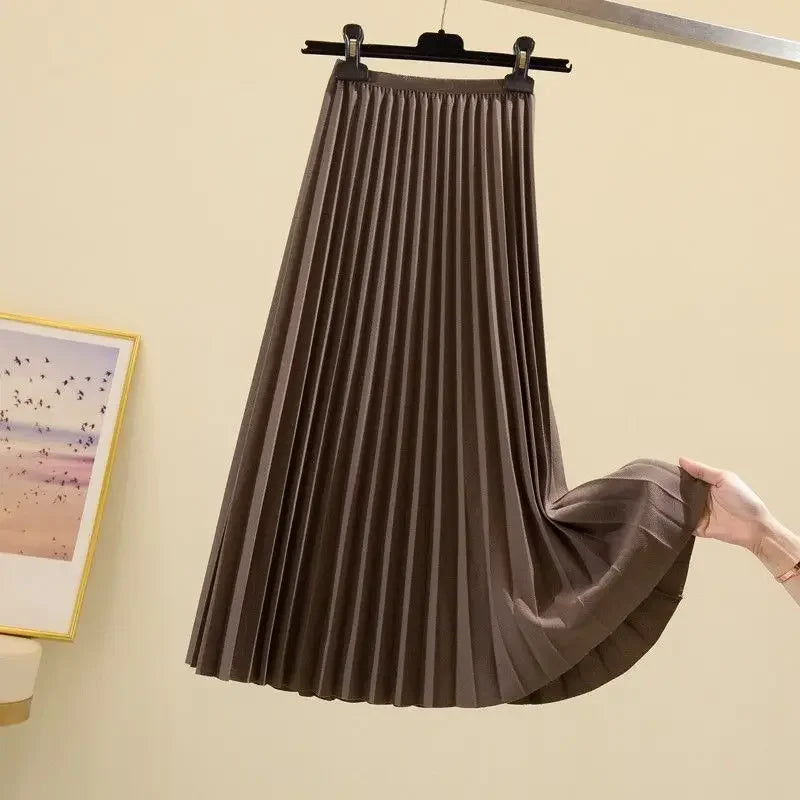 New Versatile Large Swing Skirt Slimming A-line Skirt New High-waisted Pleated Skirt for Women Spring and Autumn Mid-length Dark Brown