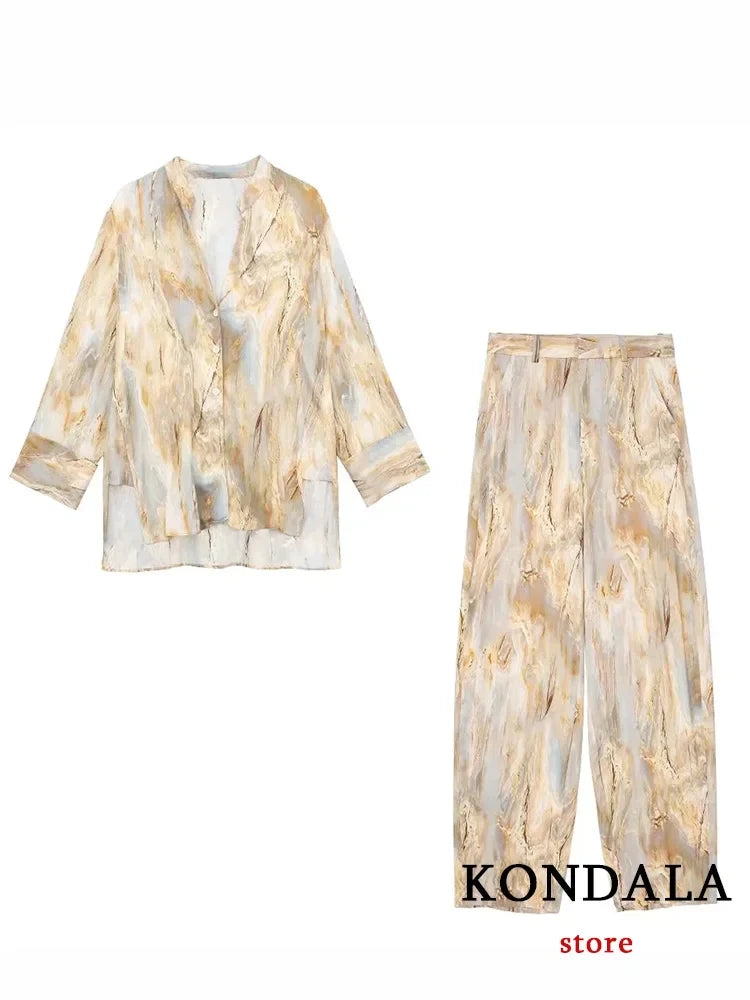 KONDALA Vintage Tie Dye Print Women Suit V-Neck Long Sleeve V Neck Shirts+High Waist Straight Loose Pants Fashion Sets
