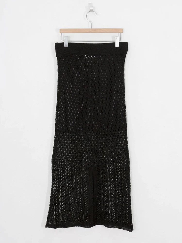 Tossy Summer Hollow Out Knit Long Skirt Casual Wrap Ladies Pencil See Through Midi Skirts 2022 Bodycon Korean Streetwear Black One Size