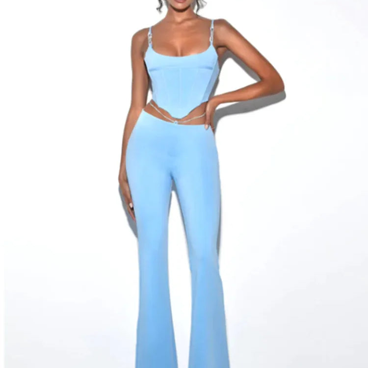 Shiny Chain Sling Sleeveless Cropped Top and Pants 2 Piece Set 2022 New Summer Women's Sexy Club Party Pants Set Outfits